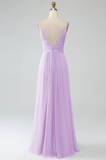Lila A-Line Spaghetti Trapes Plisado Gasa Largo Vestido De Dama De Honor